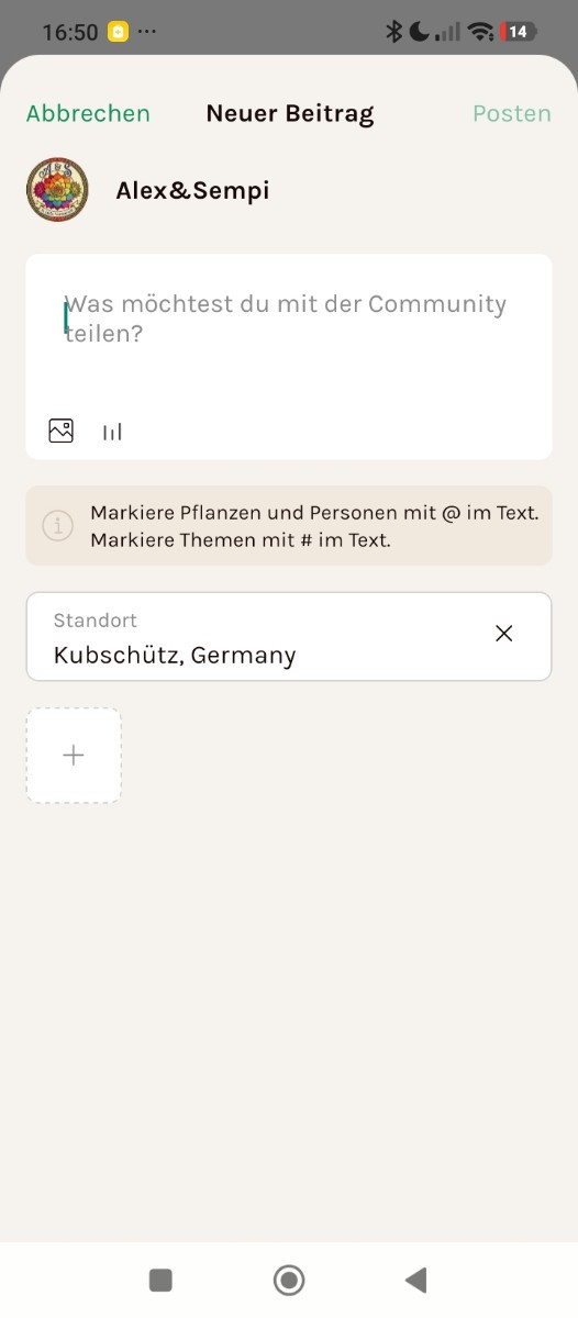 Um Fotos auf dem Handy zu laden, auf das 'Plus' unter dem Standort tippen. Ggf. Noch 'Zugriff erlauben'.