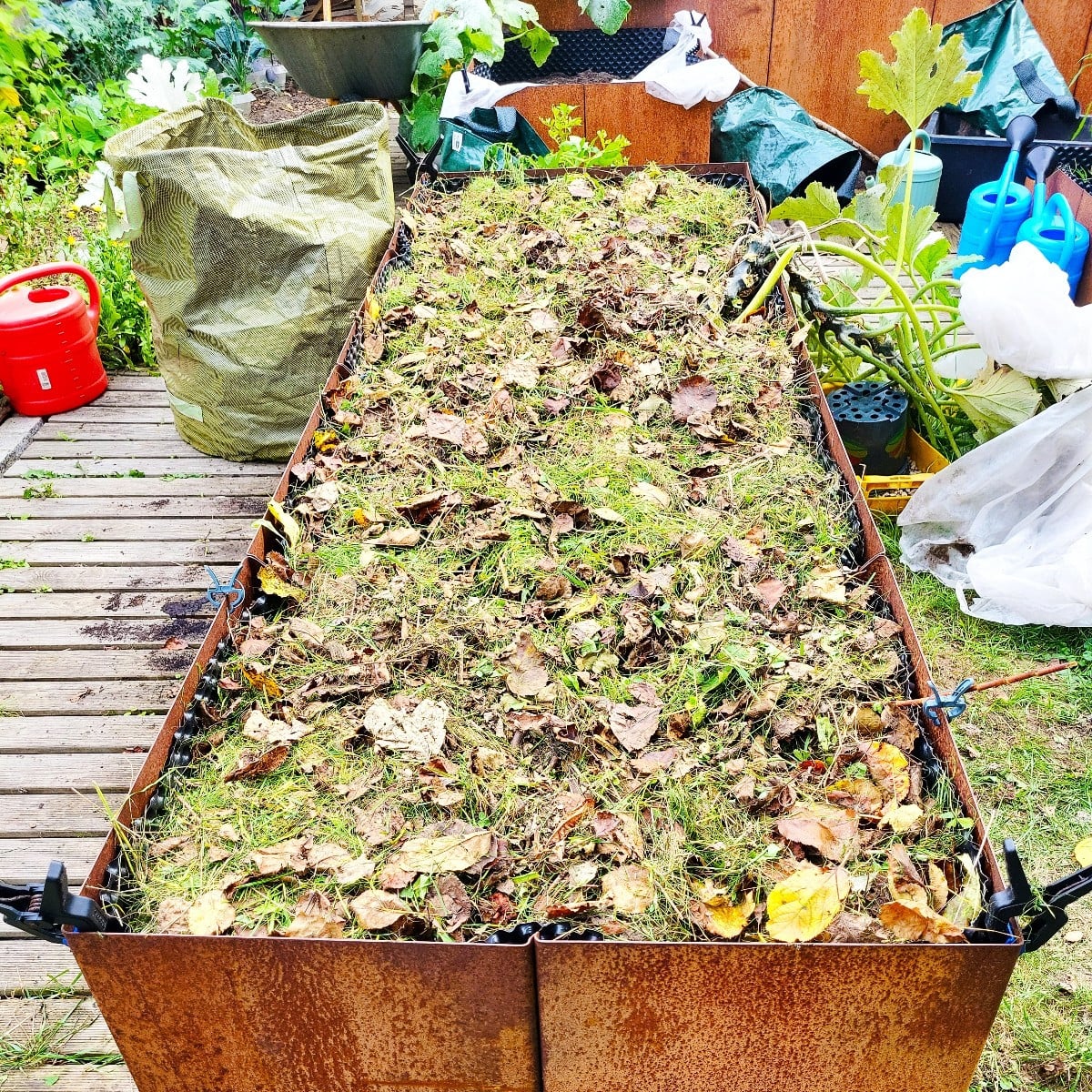 Mulch, mulch, mulch!!!!
I’ve now filled the raised bed with bokashi, coarse and fine compost, watered it well, and then…