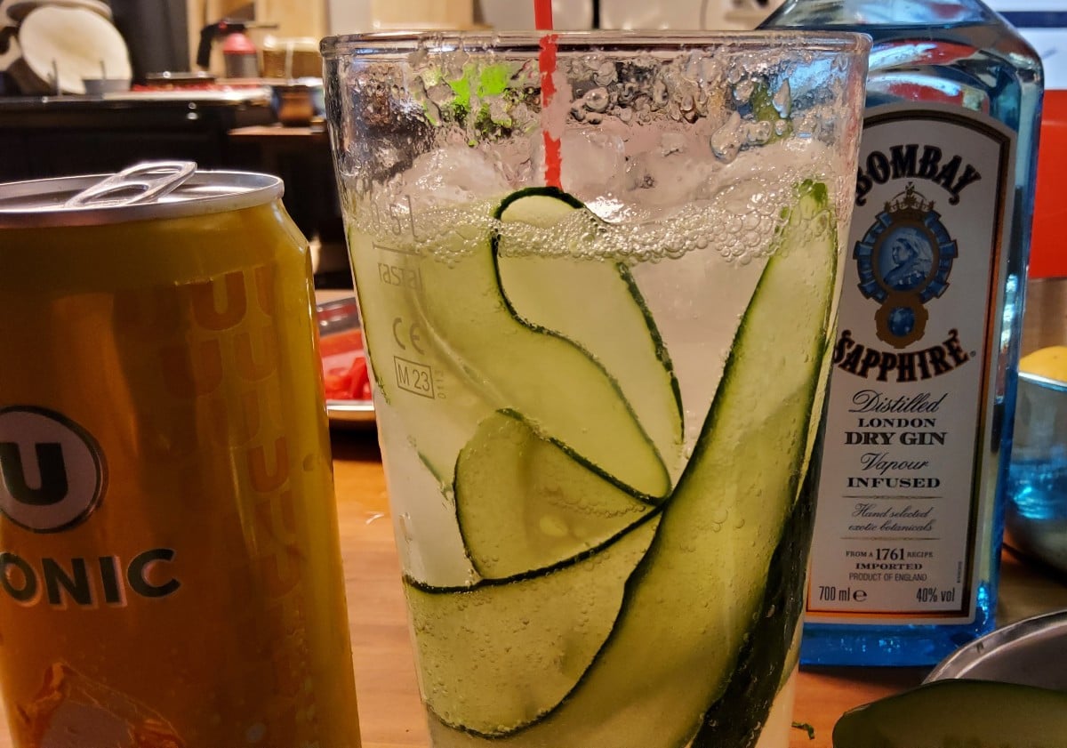 ...bei dieser 🐵🔥 Affenhitze die beste Erfrischung: 1cl Gin, 2cl Zitronensaft, ganz viel Eiswürfel, 33 cl Tonic, 🥒 Gu…