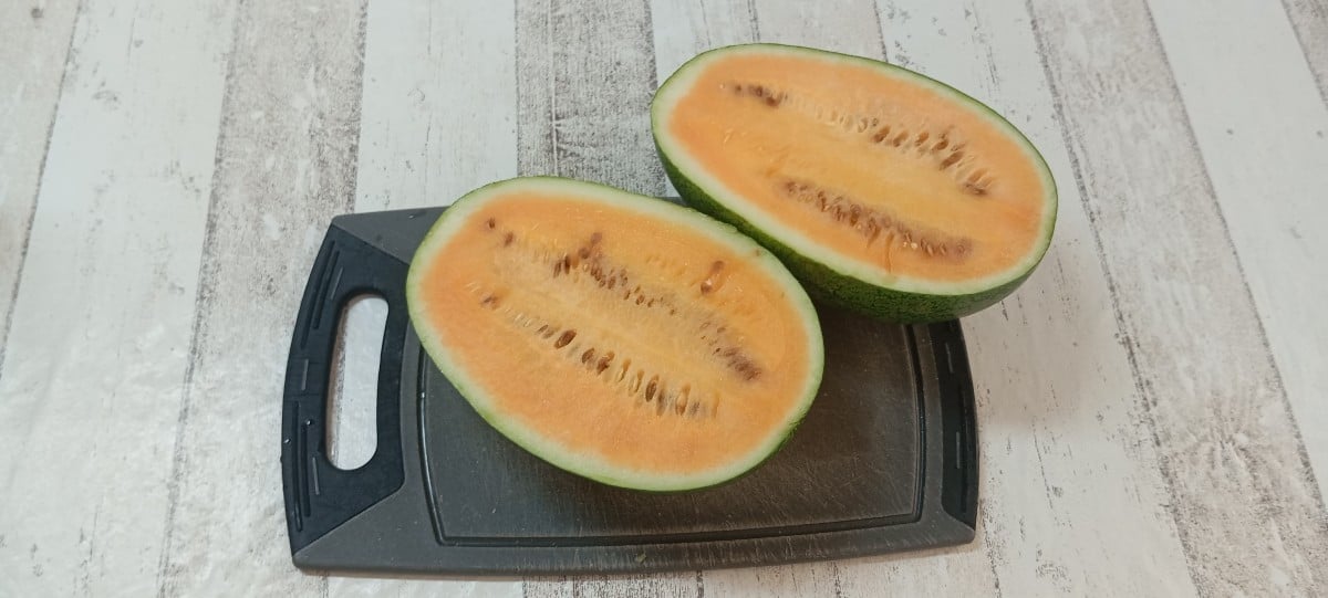 Heute gibt es meine ersten Melonen. 🤗 
- 🍉 Wassermelone Sweet Sibirian ist schon etwas trocken, hätte mehr Wasser ver…
